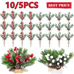 Décorations de Noël 10 5pcs Red Berry Artificial Fleur Pine Cone Branche Arbre Décoration Ornement Cadeau Emballage Accueil DIY Couronne 231116