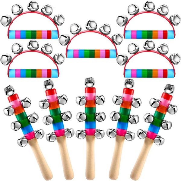 Décorations de Noël 10 Pcs Main Cloches Rainbow Poignée Traîneau Poignée En Bois Jingle Bâton Shaker Hochet Musical Instrument École 221130