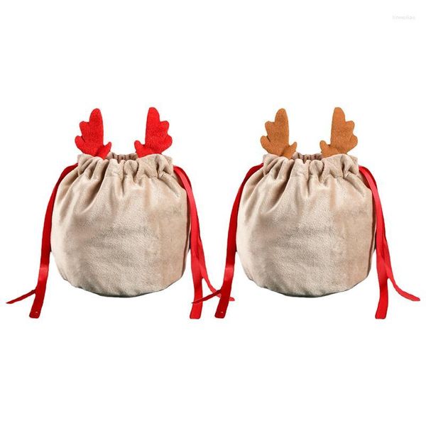 Decoraciones navideñas 10 PCS Santa Sacks Bolsas con cordón con orejas de alce Regalo de terciopelo duradero reutilizable para golosinas Dulces