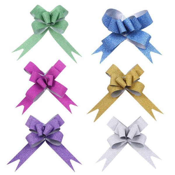 Décorations de Noël 100pcs 18mm Glitter Pull Bows Cadeau Noeud Rubans Chaîne Pour Emballage Fleur Panier De Mariage Décoration De Voiture 221130