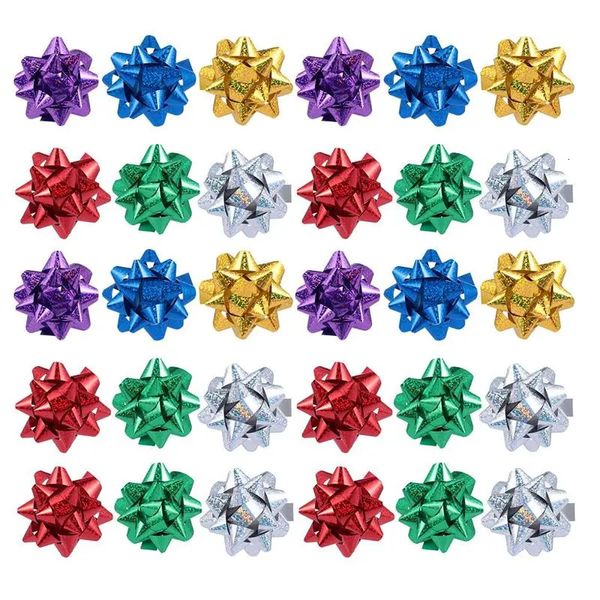 Décorations de Noël 100pcs cadeaux réfléchissants tirer des arcs auto-adhésifs emballage cadeau arcs arbre de Noël suspendu pendentif ornement décoratif couleur mixte 231013