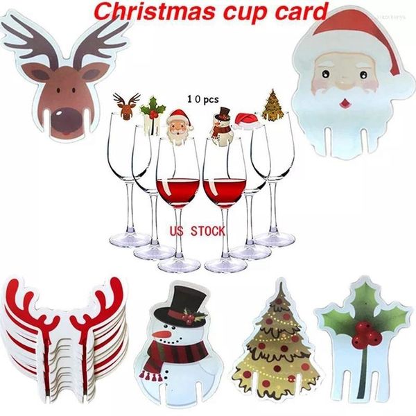 Decoraciones navideñas, 10 Uds., tarjeta de copa, sombrero de Papá Noel, alce, decoración de copa de vino, adorno feliz, suministros para fiestas de año