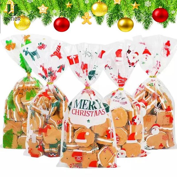 Décorations de Noël 10pcs Sac cadeau Candy Cookie Sacs en plastique transparents pour la fête de l'année Snack Cuisson 2023