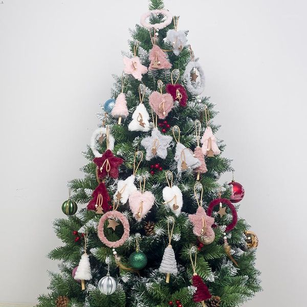Decorazioni natalizie 10 Pz/lotto Carino Peluche Albero Appeso Ciondolo Rosso Bianco Cuore Stella Natale Festa Piuma Ornamento Per La Casa 20211