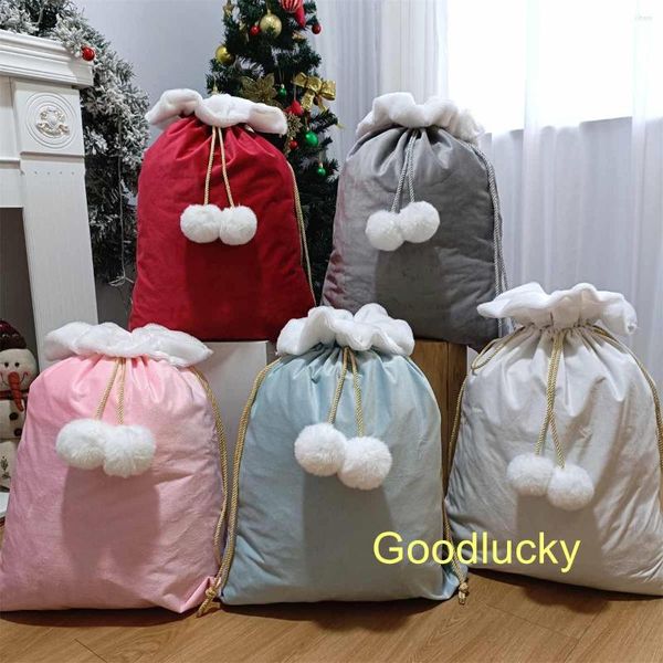 Decoraciones navideñas, 10 unidades por lote, bolsas grandes de terciopelo en blanco con pompón, tamaño grande de saco de Papá Noel