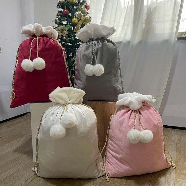 Décorations de noël 10 pcs/lot grande taille velours Pom Santa sac 4 couleurs en Stock blanc sac cadeau en gros