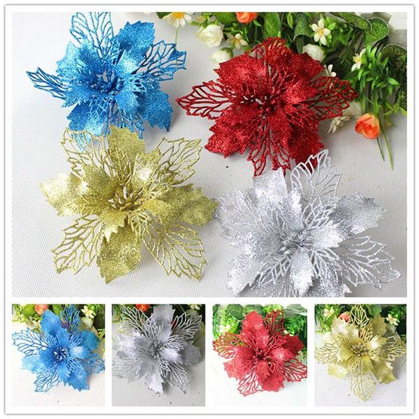 Décorations de Noël 10PCS / Pack Glitter Fleurs Artificielles Ornements D'arbre Pour La Maison Cadeaux Gadgets