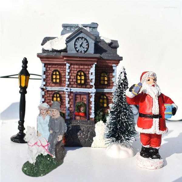 Décorations de noël 10pcs / set Santa Claus Snow House Tiny Scene Sets Luminous LED Light Up Xmas Tree Shop Village Figurines