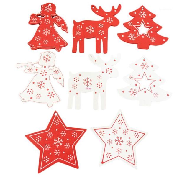 Décorations de noël 10 pièces blanc rouge arbre ornement en bois suspendus pendentifs ange/cerf/noël/étoile décorations pour la maison1
