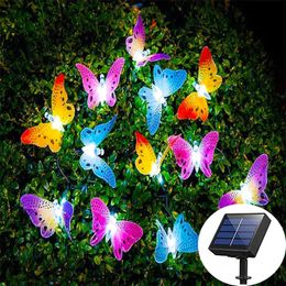 Décorations de Noël 12/20 LED solaire alimenté papillon fée chaîne lumières jardin extérieur mariage décoration de noël lampe fibre optique étanche 231207