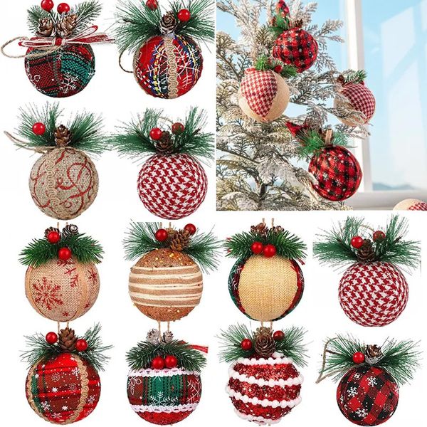 Décorations de Noël 12/24 pièces boules de noël à carreaux rouge vert avec pomme de pin arbre de noël suspendus pendentif en mousse décorations de noël Navidad année 231006