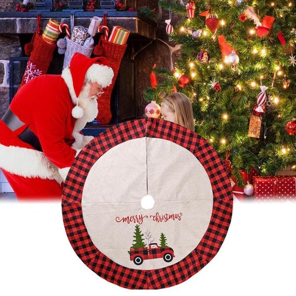 Decoraciones navideñas 120 cm Falda de árbol Tela de lino Tela a cuadros Decoración de fondo de Navidad Estera 2023 Delantal Merry Noel