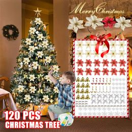 Kerstversiering 120 stks/set Kerstboom Hangende Ornament Glitter Gouden Bloem Riet Boog Hanger Voor Thuis Xma Party Sneeuwvlokken Bells Decoratie 231129