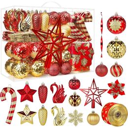 Décorations de Noël 128pcs boules ornements ensemble ruban et cime d'arbre pour fête de mariage de vacances de Noël avec ficelle suspendue 231025