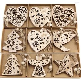 Décorations de Noël 12pcs / boîte pendentifs en bois arbre creux / étoile / arbre d'ange ornements suspendus pour la fête de Noël à la maison peinture à la main