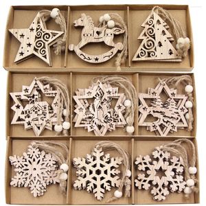 Décorations de Noël 12pcs / boîte pendentifs en bois creux flocon de neige / père Noël / ornements suspendus pour la décoration d'arbre cadeaux de bricolage Neol
