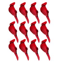 Décorations de Noël 12pcs Clipon Ornements rouges artificiels Oiseau à plumes Noël 231018