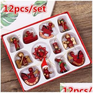 Décorations de Noël 12pcs / Set Ornements miniatures en bois Arbre suspendus Pendentifs Année Cadeau Jouet pour Kid Home Party Décor en gros D DHR1V