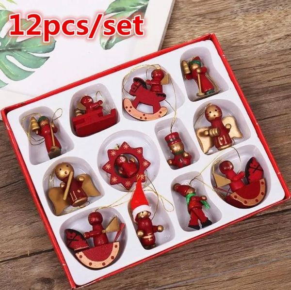 Décorations de Noël 12pcs / Set Ornements miniatures en bois Arbre suspendus Pendentifs Année Cadeau Jouet pour Kid Home Party Decor en gros B1026