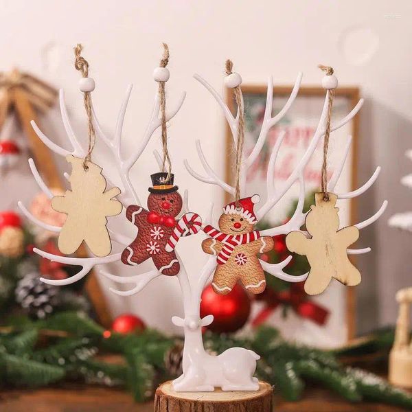 Décorations de Noël 12pcs en bois avec corde pain d'épice ornements d'arbre à quatre carrés gingerman poupée pendentif biscuit