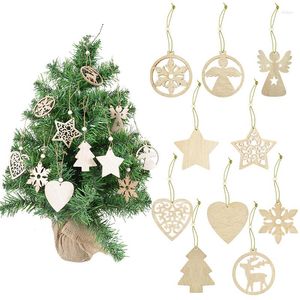 Kerstdecoraties 12 stks jaar natuurlijke houtboom ornament diy houten hangende hangers sneeuw elanden hoek ster hartchips