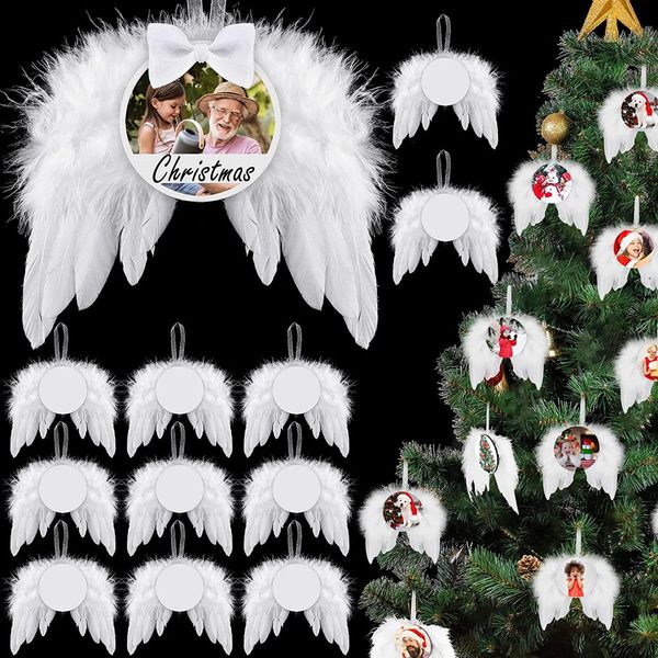 Decoraciones navideñas, 12 juegos de alas de ángel blancas, decoración para árbol de Navidad, adorno colgante, ala de plumas para fiesta de boda con placa de sublimación térmica en blanco 231102