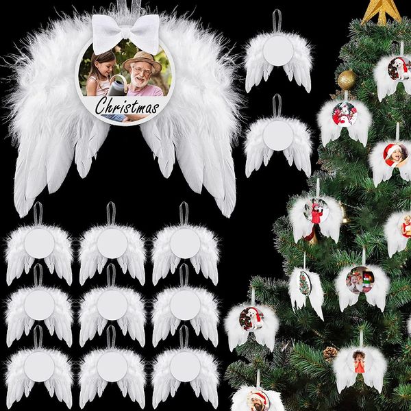 Decoraciones navideñas 12set Alas de ángel blanco Decoración de árbol Adorno colgante Banquete de boda Ala de plumas con placa de sublimación térmica en blanco 231019