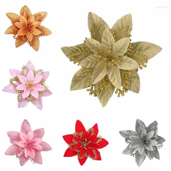 Décorations de Noël 13cm Glitter Poinsettia Fleur Décorative Arbre De Noël Fleurs Pour Couronne Ornements Fête De Mariage Printemps Dropship