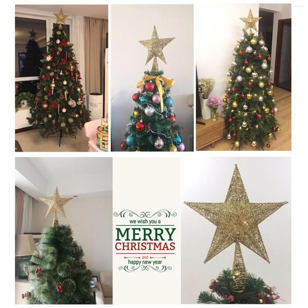 Decoraciones navideñas 15/2520cm 3D Estrella de cinco puntos Polvo dorado Flash Tree Topoer Merry Home Table Topper Decoración navideña