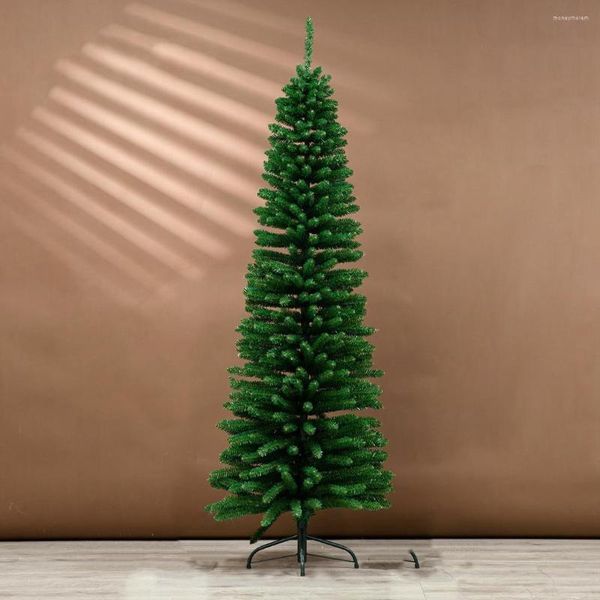 Decoraciones navideñas 150/180 cm Árbol de lápiz artificial con soporte de metal Pino de Navidad verde Slim Flocked Snow Fir Home Office Party Decor