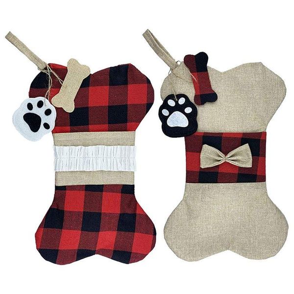 Décorations de Noël 16,5 pouces Pet Dog Bone Paw Stocking Ornements Toile de jute Buffalo Plaid Arbre de Noël Sacs cadeaux suspendus Cheminée pour FA Dhwjt