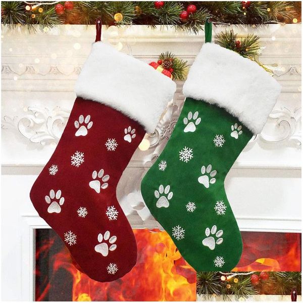 Décorations de Noël 18 pouces grand bas chien chat patte impression motif de flocon de neige suspendus bas rouge vert sac cadeau arbre de Noël Orna Dhgev