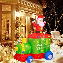 Kerstversieringen 180cm Kerstverlichte opblaasbare Kerstman met trein LED-lichtspeelgoed Kerst buitendecoratie Tuin Prop Feestornament 231109