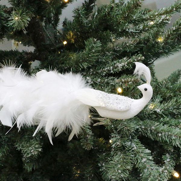 Décorations de Noël 1pc paons blancs artificiels ornements à plumes noël longue queue Simulation oiseaux arbre de noël décor de mariage pendentif 231129