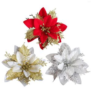 Décorations De Noël 1pc Glitter Fleurs Artificielles Avec Des Tiges Rouge Or Argent Fleur Poinsettia Bush Guirlande Pour La Fête De Mariage Vacances