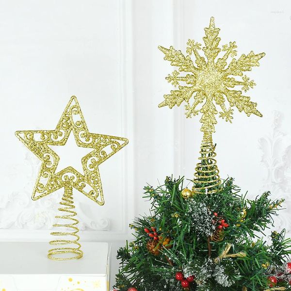 Decoraciones navideñas, 1 unidad, árbol dorado, estrella, adornos superiores, copos de nieve brillantes, estrellas para el hogar, Navidad, año 2023