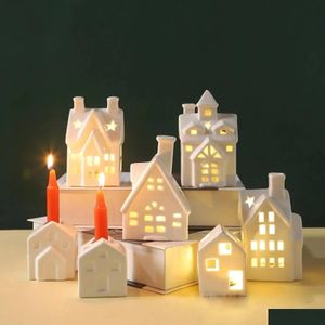 Décorations de Noël 1PC Village House Moderne Céramique Nommé Lampe de nuit pour chambre à coucher Décoration de table Célébration Cadeau Drop Delive Dhnvo