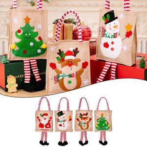 Decoraciones navideñas 1 unids Adorno Impresión de dibujos animados Colgando Bolsa de asas de pierna a rayas Bolso de regalo de vacaciones Reutilizable para contenedores de dulces