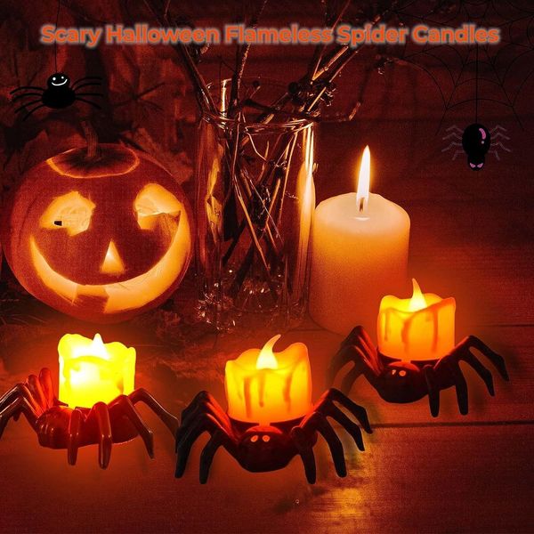 Decoraciones navideñas 2 / 4PCS Paquete Araña Naranja Velas sin llama Decoración de Halloween Luces de candelabro LED con pilas Decoración para el hogar Fiesta temática 230907