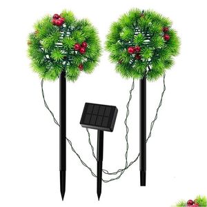 Décorations de Noël 2-en-1 LED Solar Light Aiguilles de pin Boules Pelouse Lampe étanche Jardin extérieur Art pour la maison Courtya Dhgzd