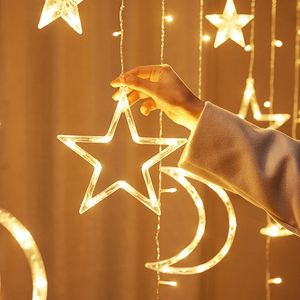 Kerstversiering 2 meter ster/maan lichtslinger 12 led-gordijnlichtslingers voor slaapkamer binnen tuin buiten Ramadan lichtdecoratie 231214