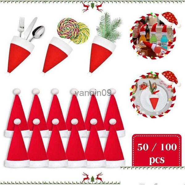 Decoraciones navideñas 20-100pcs Sombreros Vajilla Mini Santa Hat Tenedor Cuchillo Cubiertos Bolsa Taza Botellas de vino ER Titular Entrega Gota Inicio G DHWDF