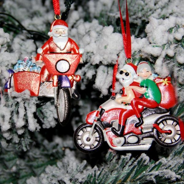 Decoraciones navideñas 2021 árbol santa colgante dy ornament resina pintada en una motocicleta para la fiesta de decoración del hogar