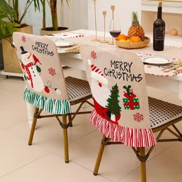 Decoraciones navideñas 2022 Fundas para sillas Bordado de Papá Noel Estiramiento Sillas de comedor Anciano Muñeco de nieve Cubierta de encaje de lino Decoración trasera