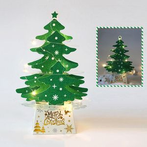 Kerstdecoraties 2022 Stijl 3D -Up -kaart ornament Mini glanzende boomvormige bureaubladornamenten met licht