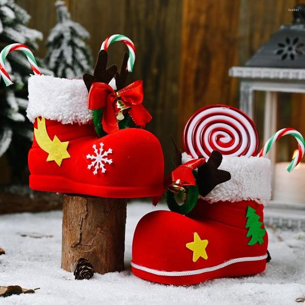 Décorations de Noël 2023 Antler Bells Planted Velvet Boots Red Cola Candy Small Shoes Hanging Gift Home Decore