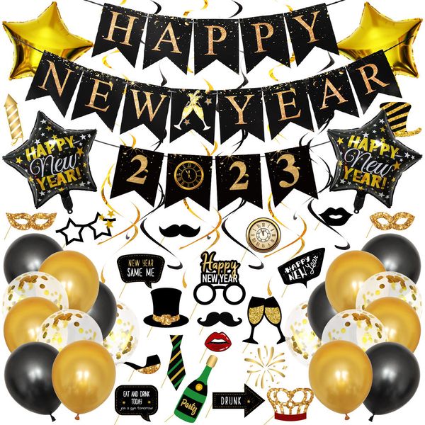 Decoraciones navideñas 2023 Happy Year Balloon Banner Po Props Set Cheer 2023 Fivepointed Star Baloon Happy Year Party Supplies 2023 221208