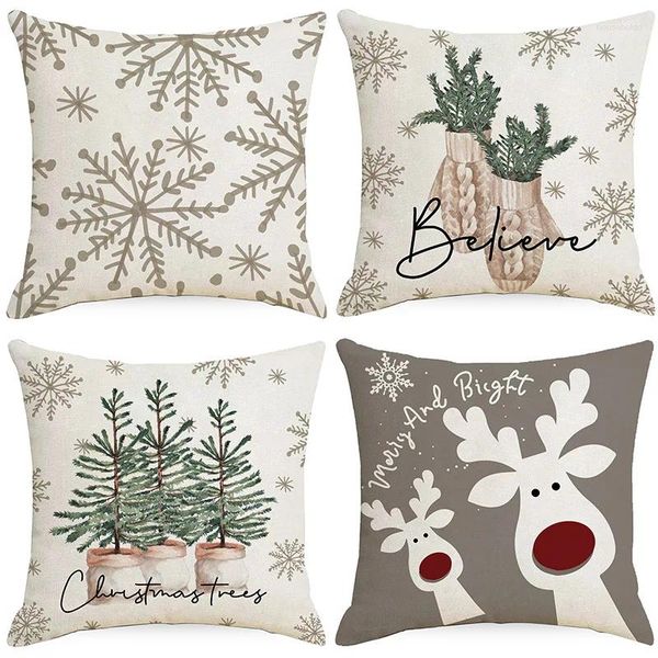 Decoraciones navideñas 2024, funda de almohada con dibujos de alce, funda de almohada con forma de copo de nieve, decoración feliz para el hogar, cojín de sofá navideño navideño