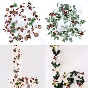 Weihnachtsdekorationen, 220 cm, Weihnachts-Tannenzapfen-Girlande mit LED-Lichterketten, rote Beerenblätter, Kranz für das Weihnachtsjahr, Heim-Kamin-Dekoration 220916