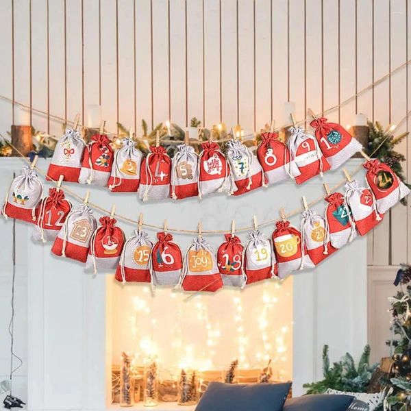 Decoraciones navideñas, 24 Uds., bolsas de calendario de Adviento, regalo con cordón DIY, cuenta atrás, 1-24, dibujo de números, bolsa colgante, Navidad